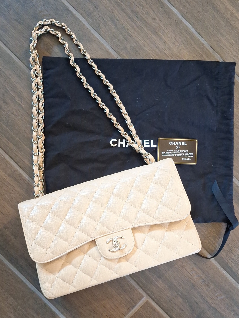 Chanel Jumbo Classic Flap Bag Beige Caviar Leather With Silver Hardware